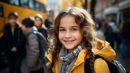 Schoolgirl near the school-bus. Generative Ai