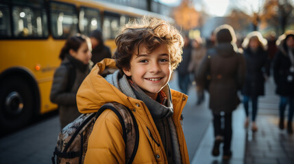 Schoolboy near the school-bus. Generative Ai