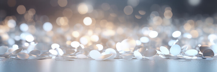 Banner. Abstract silver background with bokeh and sparkles, festive backdrop. AI generative.