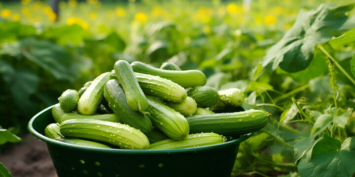 Basket of fresh cucumber in field, fresh cucumber, generative Ai