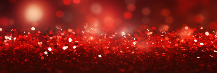 Banner. Abstract red background with bokeh and sparkles, festive backdrop. AI generative.