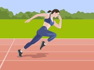 A girl runs a marathon. Running competition. Sport girls. Poster. Vector illustration.