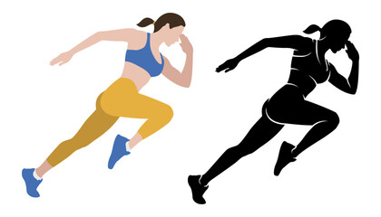 A girl runs a marathon. Running competition. Sport girls. Black Silhouette. Isolated vector illustration on white background