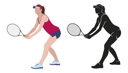 A girl tennis player holds a racket in her hands. Playing tennis. Sport girls. Black Silhouette. Isolated vector illustration on white background