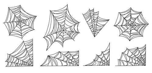 Vector set with gothic Halloween spider web in hand drawn outline style