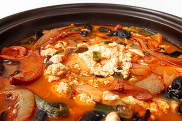 Jjamppong soft tofu on white background