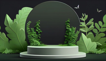 Eco product banner, podium platform, stage pedestal with green nature and tropical plant leaves, trees, 3d paper. Blank background for product advertising. Generative AI