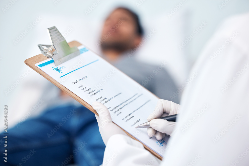 Poster Clipboard, hands and doctor with medical report for a patient on a hospital or clinic bed for healthcare treatment. Diagnosis, prescription and medicine employee or worker writing exam for insurance