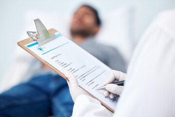 Clipboard, hands and doctor with medical report for a patient on a hospital or clinic bed for healthcare treatment. Diagnosis, prescription and medicine employee or worker writing exam for insurance
