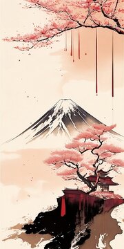 sepia ink landscape depicting Mount Fuji, Generative AI