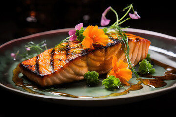 sear salmon fillet with spice and salt background