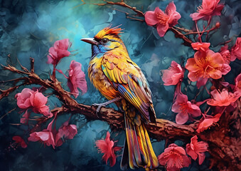 Beautiful bird perched on a branch of a cherry blossom tree, alcohol ink and impasto style painting, Generative Ai - 620945125