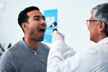 Medical, consulting and doctor with person and throat in hospital for cancer, dentist and surgery....
