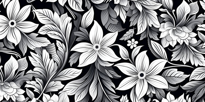 Monochrome botanical seamless pattern with flowers daffodils, Black and white flowers coloring pages, generative Ai