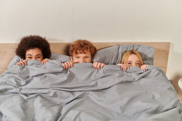 open relationship, polygamy, understanding, three adults having fun, hiding under blanket, redhead...
