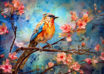 Beautiful bird perched on a branch of a cherry blossom tree, alcohol ink and impasto style painting, Generative Ai - 620945586