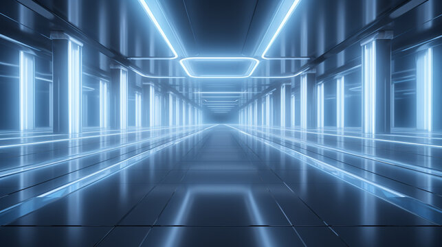 Futuristic corridor with glowing lights, 3d rendering abstract background