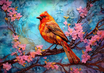 Beautiful bird perched on a branch of a cherry blossom tree, alcohol ink and impasto style painting, Generative Ai - 620945734