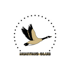 Vector hunting emblem with hand drawn flying wild goose. Beautiful animal design elements, ink drawing. Logo template for a hunting club.