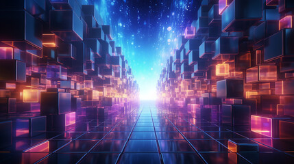 Futuristic technology background with glowing squares and lines. 3d rendering