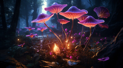 Fototapeta na wymiar Magic mushrooms in the forest at night