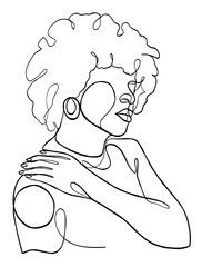 Continuous one line drawing of beautiful black woman. Vector illustration.