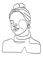 Continuous one line drawing of beautiful black woman. Vector illustration.