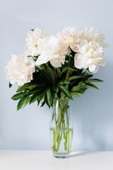 Close up of beautiful fresh white peonies bouquet