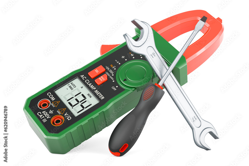 Poster Digital multimeter with screwdriver and wrench. 3D rendering