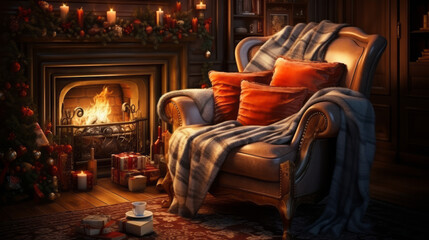 Obraz premium Cozy armchair and pillow with a blanket next to a burning fireplace. New Year's interior with candels, coffee and books