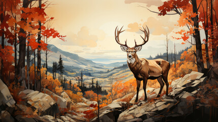 Autumn landscape with bright trees and a deer with branching horns. Hand-drawn. Landscape in the mountains
