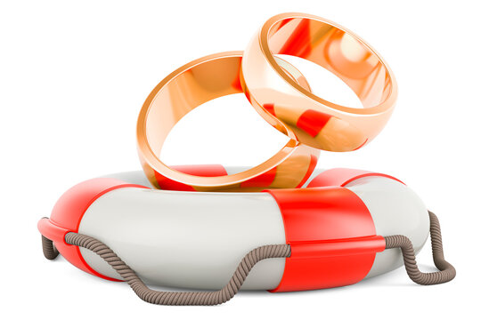 Golden wedding rings with lifebelt. 3D rendering