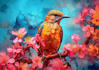 Beautiful bird perched on a branch of a cherry blossom tree, alcohol ink and impasto style painting, Generative Ai - 620947114