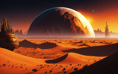 Fototapeta na wymiar Landscape of an alien planet, beautiful view of red desert on another planet, fictional sci-fi background.