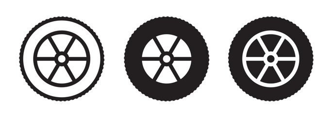 Car wheel icon set. auto vehicle tyre vector. aluminum alloy tire with line icon in black color. - obrazy, fototapety, plakaty