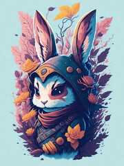 Cute ninja bunny with fantasy flowers around suitable for sticker, clip art, vintage t-shirt illustration. 