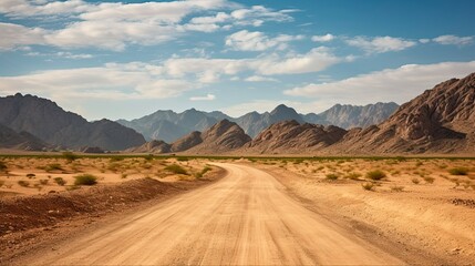 Arabian Adventure: Exploring the Beautiful and Barren Hajar Mountains on a Dirt Road in Dubai, UAE with Blue Skies and Bright Clouds: Generative AI