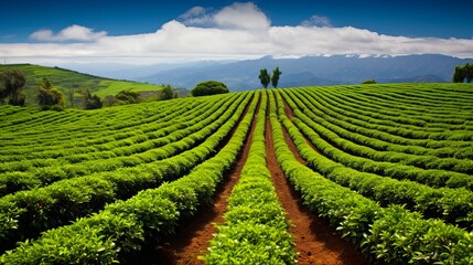 Beautiful Kauai Coffee Fields Extending to the Pacific Ocean. Experience the Aroma of Roasted Green Beans in Kalaheo's Countryside: Generative AI - obrazy, fototapety, plakaty