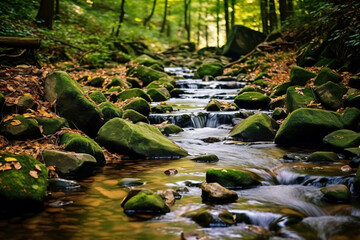 Water from a stream runs among stones in a forest photography