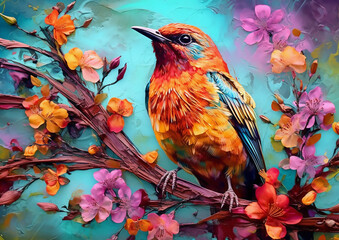 Beautiful bird perched on a branch of a cherry blossom tree, alcohol ink and impasto style painting, Generative Ai - 620947951