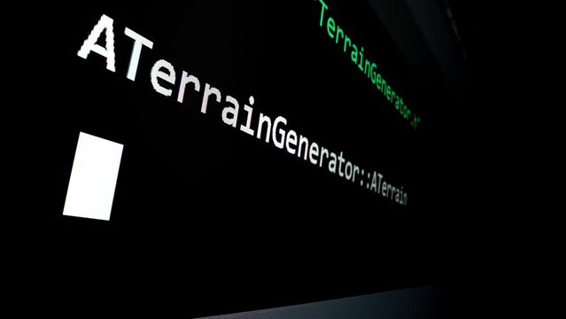 Closeup macro shot movement of coding script moving across LED screen with real-time AI-generated typing, showcasing advanced AI learning in optimization, debug and coding for software development.