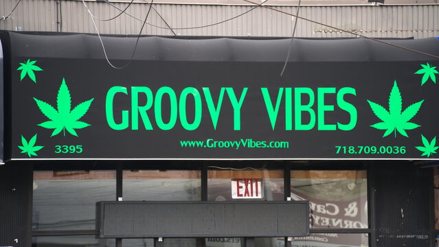 Bronx, NY - June 27, 2023 : Groovy Vibes commercial cannabis retail store in New York City