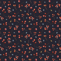 Dark purple forest berries watercolor seamless pattern with blueberry, rowan and seeds. Hand drawn stylish background for autumn and winter fabrics designs