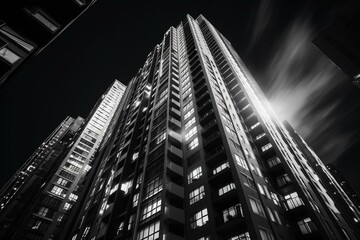 Black and white photo of high-rise buildings in Hong Kong.