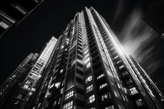 Fototapeta Black and white photo of high-rise buildings in Hong Kong.