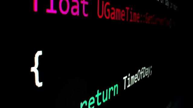 Closeup macro shot movement of coding script moving across LED screen with real-time AI-generated typing, showcasing advanced AI learning in optimization, debug and coding for software development.