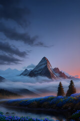 Nature landscape with mystical mountains and night cloudy sky