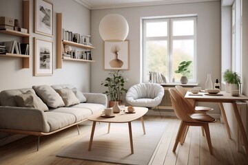 A living room filled with furniture and a large window. AI