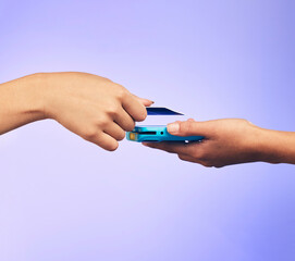 Fototapeta premium Card machine, shopping and people hands at POS, online payment and digital service or paperless fintech. Retail, credit and cashier, customer or person at point of sale on studio or purple background
