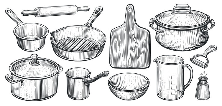 Kitchen utensils set in vintage engraving style. Cooking concept. Sketch vector illustration